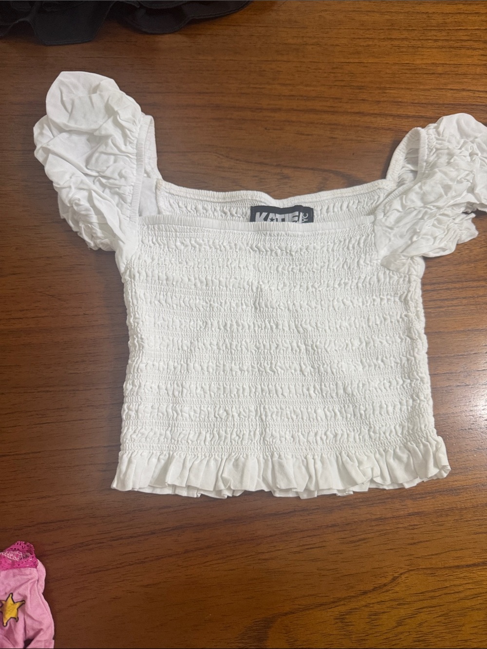 Katie J NYC White Smocked Square Neck Puff Sleeve Crop Top